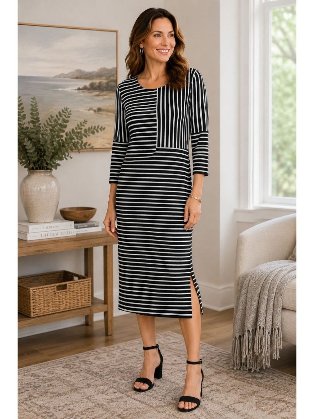 Nicole Miller Studio XL Black White Striped Colorblock Midi Dress 3/4 Sleeve
